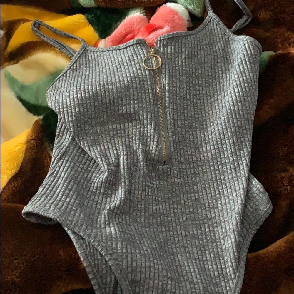 gray ribbed zippered bodysuit